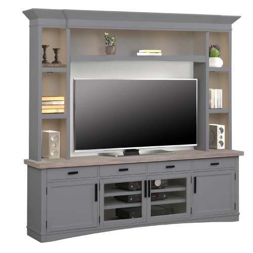Americana Modern 92" TV Stand Console with Hutch & Lights in Dove Grey Wood