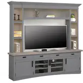 Americana Modern 92" TV Stand Console with Hutch & Lights in Dove Grey Wood