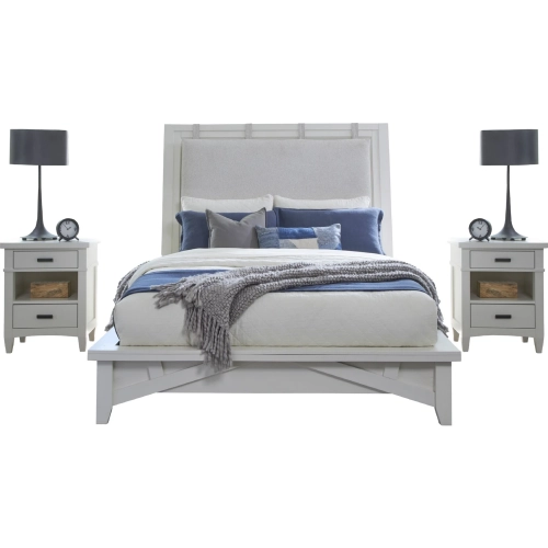 Americana Modern Queen Platform Bed & 2 Nightstands Set in White Wood