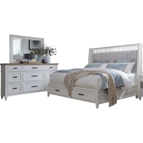 Americana Modern Queen Shelter Bed, Dresser & Mirror Set in White Wood