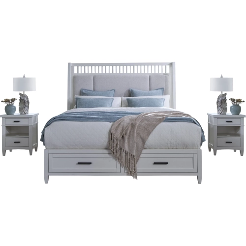 Americana Modern Queen Shelter Bed & 2 Nightstands Set in White Wood