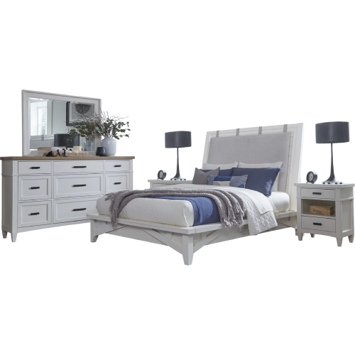 Americana Modern Queen Platform Bed, 2 Nightstands, Dresser & Mirror Set in White Wood