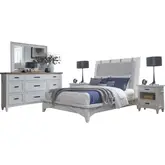 Americana Modern King Platform Bed, 2 Nightstands, Dresser & Mirror Set in White Wood