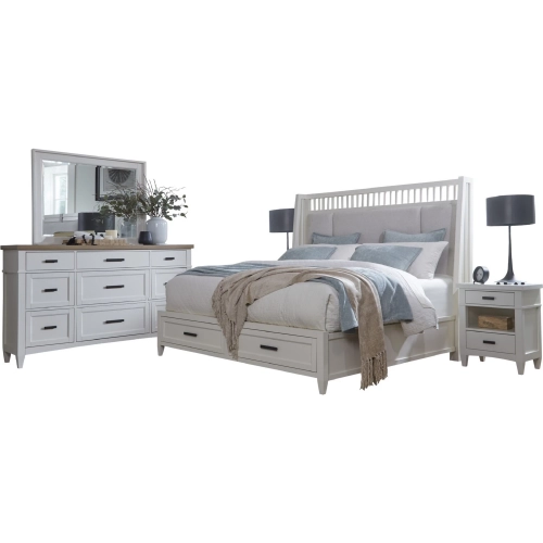 Americana Modern Queen Shelter Bed, 2 Nightstands, Dresser & Mirror Set in White Wood