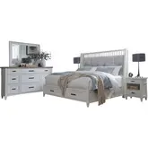 Americana Modern King Shelter Bed, 2 Nightstands, Dresser & Mirror Set in White Wood