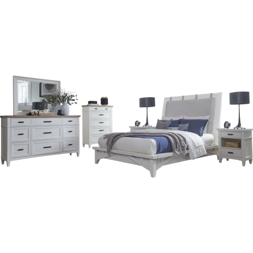 Americana Modern Queen Platform Bed, 2 Nightstands, Dresser, Mirror & Chest in White Wood
