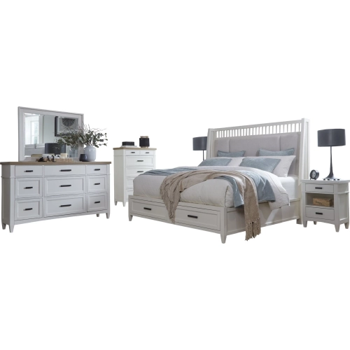 Americana Modern Queen Shelter Bed, 2 Nightstands, Dresser, Mirror & Chest in White Wood