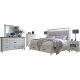 Americana Modern King Shelter Bed, 2 Nightstands, Dresser, Mirror & Chest in White Wood
