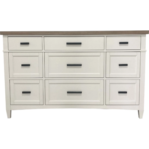 Americana Modern 9 Drawer Dresser in Cotton White & Weathered Oak (Mirror Optional)