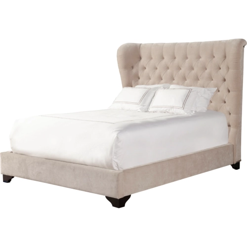 Chloe Queen Bed with Tufted Wing Headboard in Natural Fabric