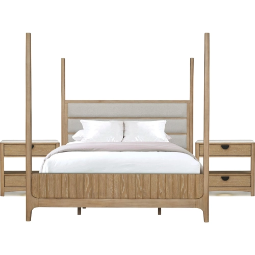 Escape King Poster Bed & 2 Nightstands in Glazed Natural Oak