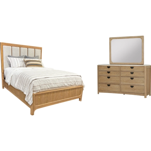 Escape King Panel Bed, Dresser & Mirror Set in Glazed Natural Oak