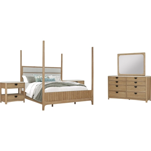 Escape King Poster Bed & 2 Nightstands, Dresser & Mirror Set in Glazed Natural Oak