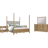 Escape King Poster Bed & 2 Nightstands, Dresser & Mirror Set in Glazed Natural Oak