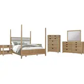 Escape King Poster Bed 2 Nightstands, Dresser, Mirror & Chest in Glazed Natural Oak