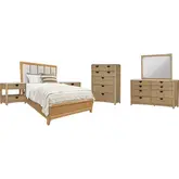 Escape King Panel Bed 2 Nightstands, Dresser, Mirror & Chest in Glazed Natural Oak