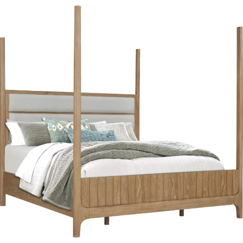 Escape Queen Poster Bed in Glazed Natural Oak & Neutral Fabric