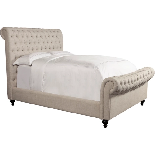 Jackie Queen Sleigh Bed in Tufted Crepe Natural Fabric