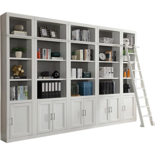 Catalina 6 Piece Linear Library Bookcase Wall in Cottage White Wood