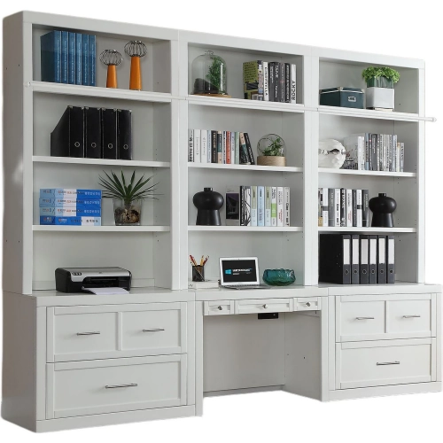 Catalina 6 Piece Desk & File Cabinet Bookcase Wall in Cottage White Wood