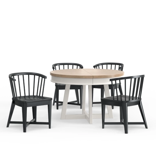 Americana Modern 5 Piece Round to Oval Dining Set in White, Wood & Black