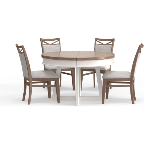 Americana Modern 5 Piece Round Dining Set in White, Wood & Neutral Fabric