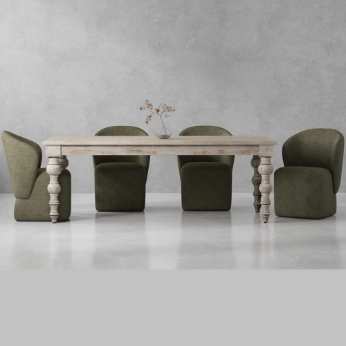 Eden 7 Piece Dining Set in Whitewash Wood & Sage Green Fabric
