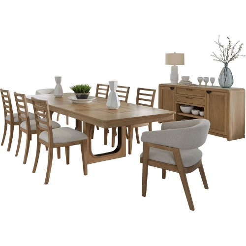 Escape 10 Piece Extendable Dining Set with Server in Glazed Wood & Neutral Fabric