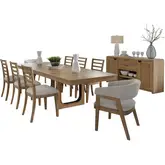 Escape 10 Piece Extendable Dining Set with Server in Glazed Wood & Neutral Fabric