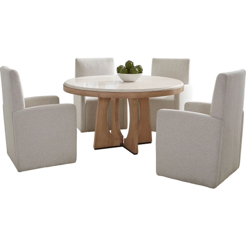 Escape 5 Piece Round Dining Set with Caster chairs in Glazed Wood & Neutral Fabric
