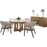 Escape 6 Piece Round Dining Set with Server in Glazed Wood & Neutral Fabric