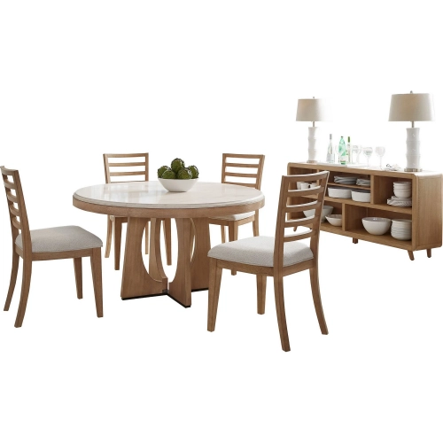 Escape 6 Piece Round Dining Set with Console in Glazed Wood & Neutral Fabric