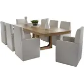 Escape 9 Piece Dining Set with Caster Chairs in Glazed Wood & Neutral Fabric