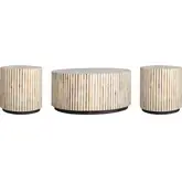 Downtown Coffee Cocktail Table & 2 End Tables Set in Amber Wood & Inlay