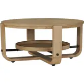 Escape Round Coffee Cocktail Table with Shelf in Glazed Natural Oak & Black Metal