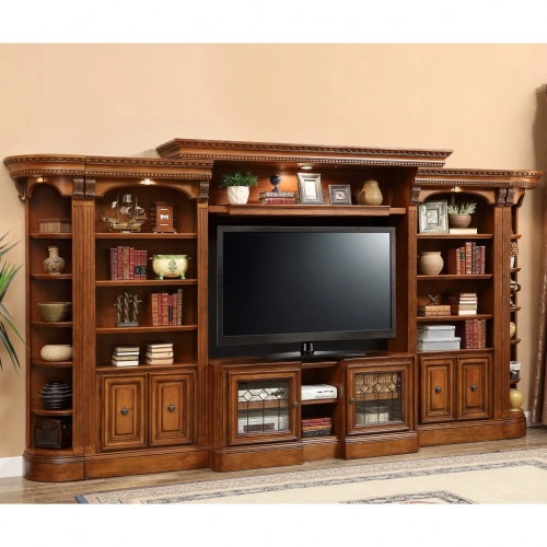 Huntington Entertainment Wall Unit 6 Piece in Antique Vintage Pecan