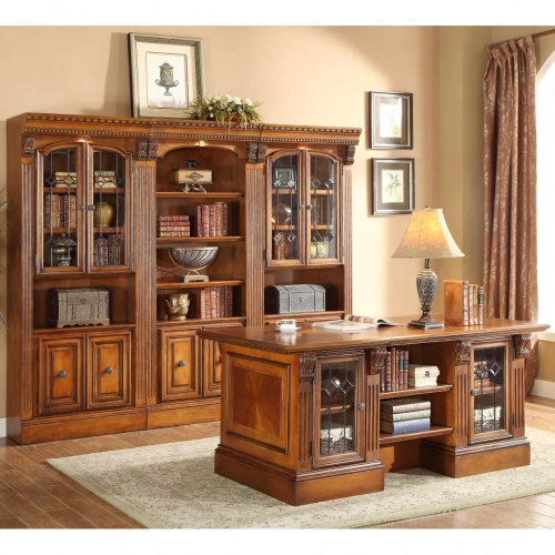 Huntington Executive Desk with Bookcase Wall 4 Piece in Antique Vintage Pecan