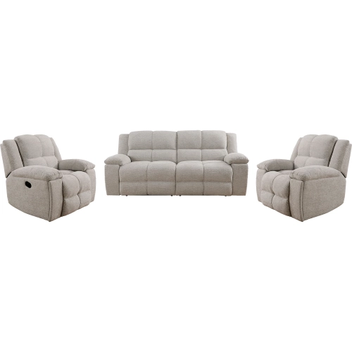 Buster 3 Piece Manual Glider Reclining Sofa Set in Tufted Opal Taupe Fabric