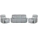 Cascade 3 Piece Power Reclining Sofa Set in Recliners in Seamist Pale Blue Grey Leather