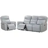 Cascade 2 Piece Power Reclining Sofa Set in Recliners in Seamist Pale Blue Grey Leather
