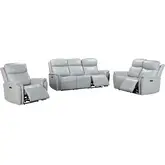 Cascade 3 Piece Power Reclining Sofa Set in Seamist Pale Blue Grey Leather