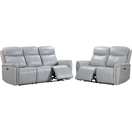 Cascade 2 Piece Power Reclining Sofa Set in Recliners in Seamist Pale Blue Grey Leather