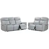 Cascade 2 Piece Power Reclining Sofa Set in Recliners in Seamist Pale Blue Grey Leather