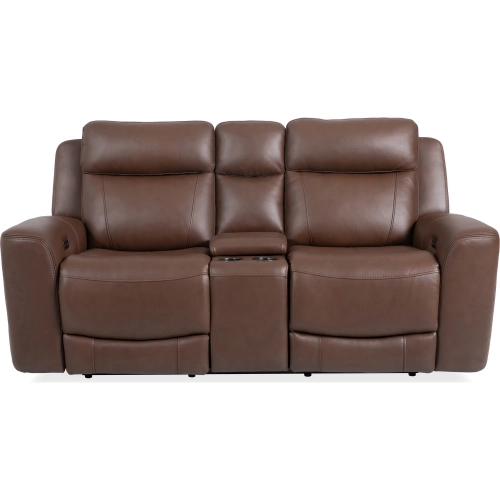Calgary Power Reclining Console Loveseat in Autumn Umber Brown Top Grain Leather