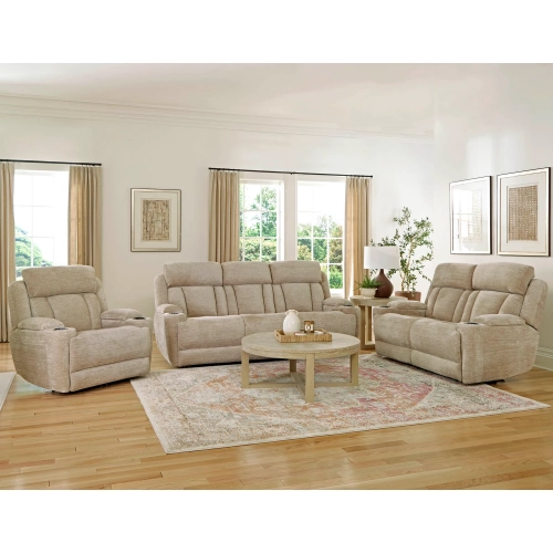 Dalton Power Reclining Sofa. Loveseat & Recliner Set in Fawn Neutral Fabric