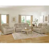 Dalton Power Reclining Sofa. Loveseat & Recliner Set in Fawn Neutral Fabric