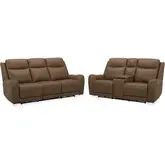 Haywood Power Reclining Sofa & Loveseat Set in Butternut Brown Leather