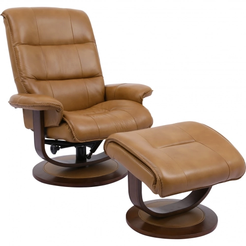 Knight Manual Reclining Swivel Chair & Ottoman in Caramel Brown Top Grain Leather