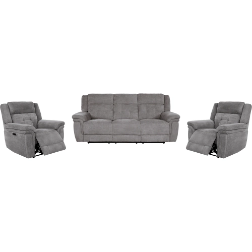 Richland Power Reclining Sofa & Two Recliners Set in Bristol Grey Fabric