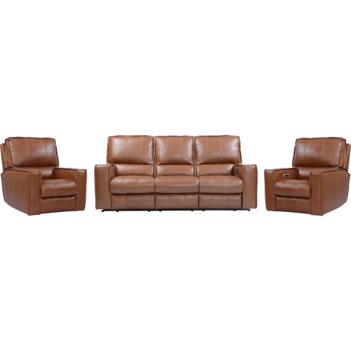 Rockford Power Reclining Sofa & Two Recliners Set in Saddle Brown Top Grain Leather